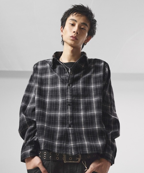 ボックスシルエット ショート丈 マルチチェック長袖シャツ【UNISEX