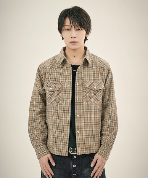 セール】ボックスシルエット ショート丈 マルチチェック長袖シャツ