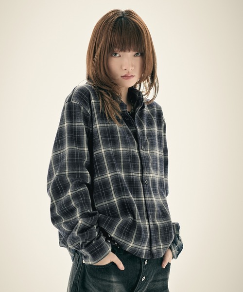 セール】ボックスシルエット ショート丈 マルチチェック長袖シャツ