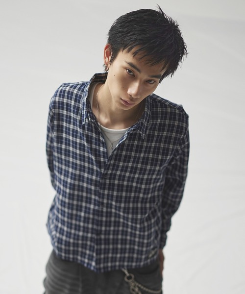 MSG（エムエスジー）の「ボックスシルエット ショート丈 マルチチェック長袖シャツ（シャツ/ブラウス・メンズ・ブラック/ネイビー/ライトブルー/ブルー/ピンク/ブラウン/ベージュ系/ピンク系/ブラック系/ブルー系・XL/L/M/S）」の14枚目の写真