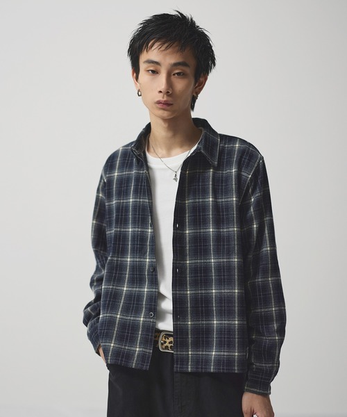 ボックスシルエット ショート丈 マルチチェック長袖シャツ【UNISEX