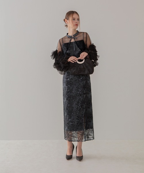 leja フリルチュールスリーブリボンIラインワンピースドレス Leja｜Leja-フリルチュールスリーブリボンIラインワンピース