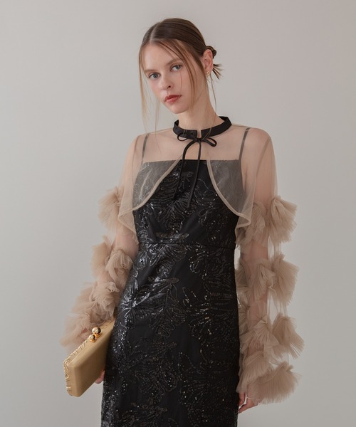 LEJA】フリルチュールスリーブリボンIラインワンピースドレス2点セット