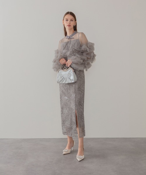 セール】【LEJA】フリルチュールスリーブリボンIラインワンピース