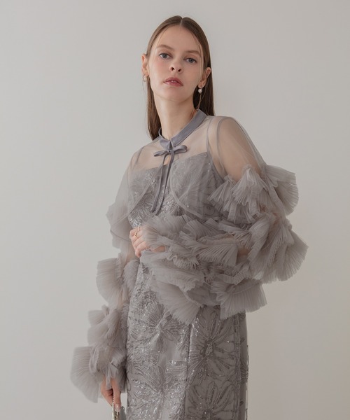 【LEJA】フリル　チュール　スリーブ　リボンIラインワンピースドレス LEJA】フリルチュールスリーブリボンIラインワンピースドレス2点