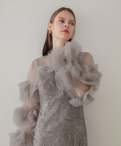 LEJA 新品タグ付きフリルチュールスリーブリボンIラインワンピースドレス Leja ドレス 「LEJA」フリルチュールスリーブリボンIライン