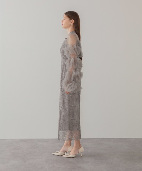 leja フリルチュールスリーブリボンIラインワンピースドレス 一部当日発送】フリルチュールスリーブリボンIラインワンピース