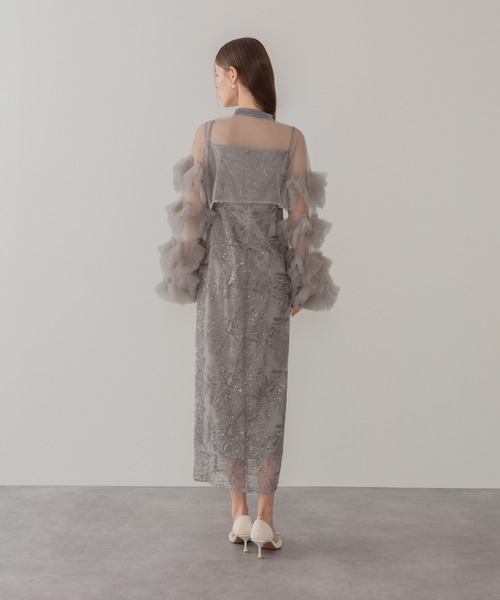 LEJAチュールロングスリーブリーフIラインドレス グレー　S セール】【LEJA】フリルチュールスリーブリボンIラインワンピース