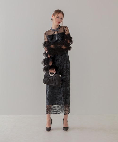 LEJA 新品タグ付きフリルチュールスリーブリボンIラインワンピースドレス 一部当日発送】フリルチュールスリーブリボンIラインワンピース