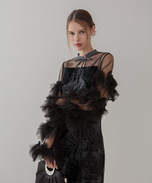 leja フリルチュールスリーブリボンIラインワンピースドレス Leja｜Leja-フリルチュールスリーブリボンIラインワンピース