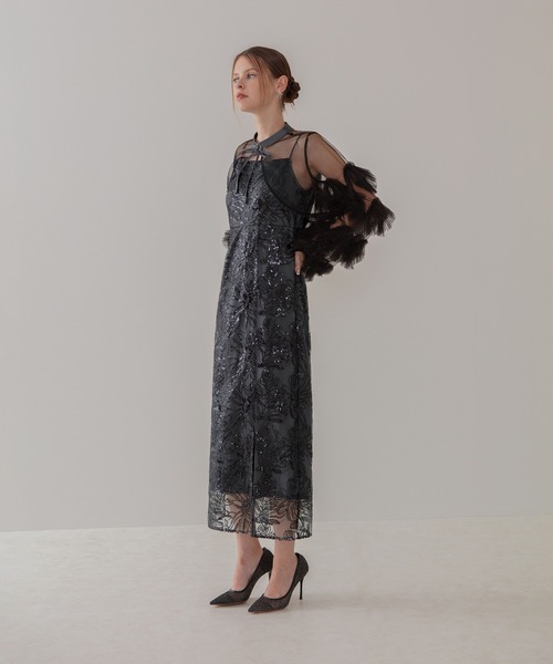 LEJA】フリルチュールスリーブリボンIラインワンピースドレス2点