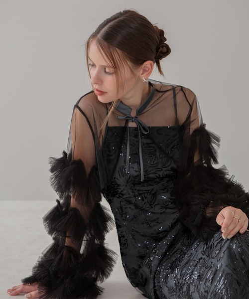 【LEJA】フリル　チュール　スリーブ　リボンIラインワンピースドレス セール】【LEJA】フリルチュールスリーブリボンIライン