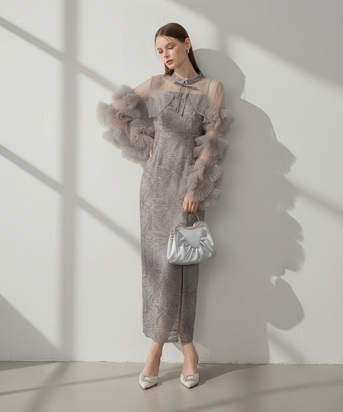 LEJA】フリルチュールスリーブリボンIラインワンピースドレス2点セット