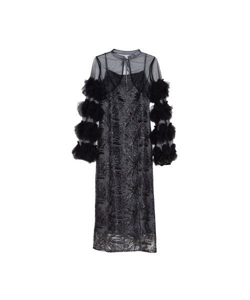 LEJA】フリルチュールスリーブリボンIラインワンピースドレス2点セット