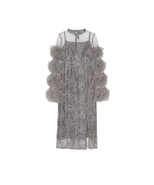 LEJA】フリルチュールスリーブリボンIラインワンピースドレス2点セット