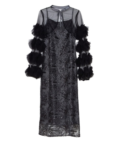 LEJA】フリルチュールスリーブリボンIラインワンピースドレス2点セット