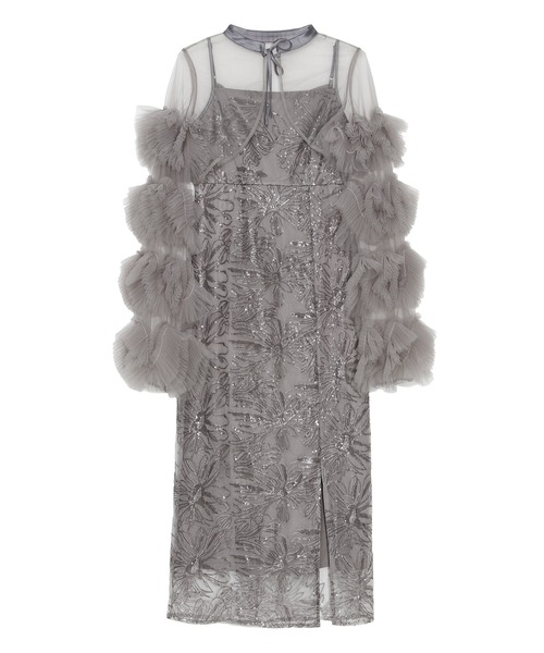 セール】【LEJA】フリルチュールスリーブリボンIラインワンピース