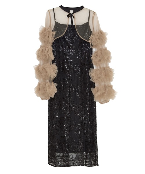 LEJA】フリルチュールスリーブリボンIラインワンピースドレス2点セット