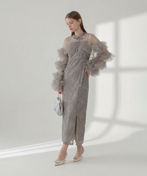 Leja フリルチュールスリーブリボンIラインワンピースドレス2点セット　新品 セール】【LEJA】フリルチュールスリーブリボンIラインワンピース