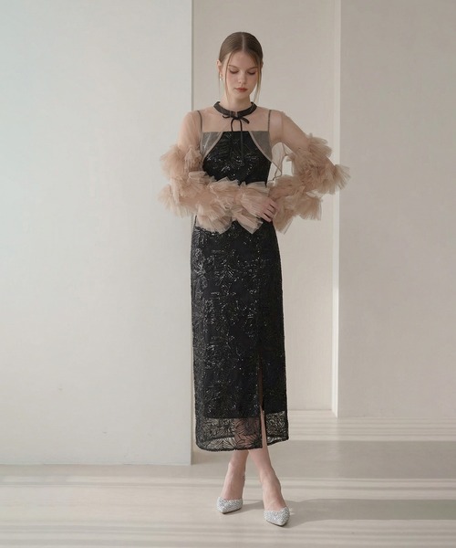 セール】【LEJA】フリルチュールスリーブリボンIラインワンピース