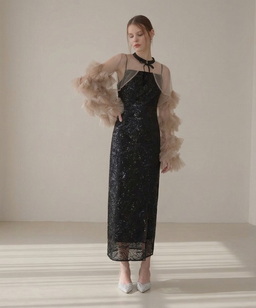 セール】【LEJA】フリルチュールスリーブリボンIラインワンピース