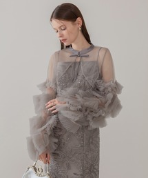 Leja（レジャ）の「【LEJA】フリルチュールスリーブリボンIラインワンピースドレス2点セット 美脚効果結婚式 パーティードレス 成人式 二次会 同窓会 お呼ばれ オケージョン 20代 30代（ドレス）」