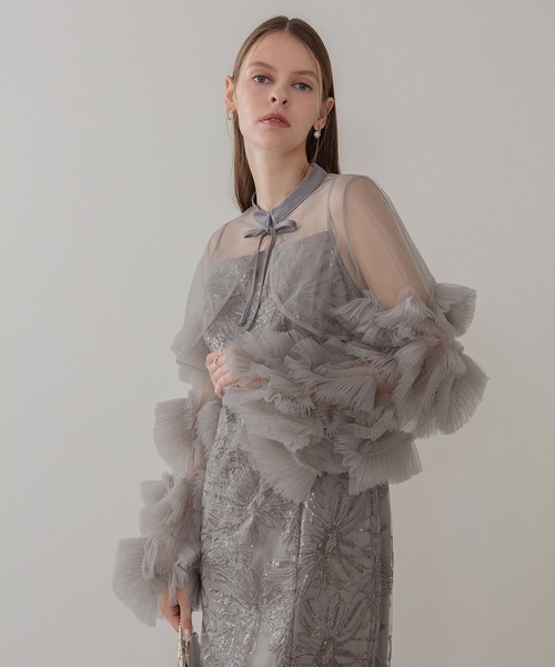 Leja(レジャ)の「【LEJA】フリルチュールスリーブリボンIラインワンピースドレス2点セット 美脚効果結婚式 パーティードレス 成人式 二次会 同窓会 お呼ばれ オケージョン 20代 30代(ドレス・レディース・ブラック/グレー/ブルー・MEDIUM/SMALL)」の8枚目の写真