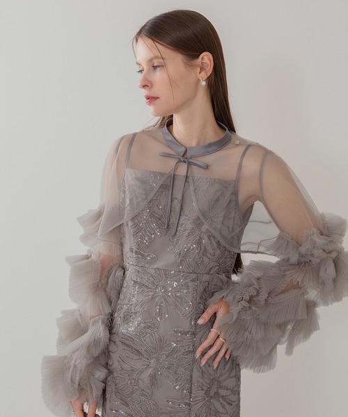 Leja(レジャ)の「【LEJA】フリルチュールスリーブリボンIラインワンピースドレス2点セット 美脚効果結婚式 パーティードレス 成人式 二次会 同窓会 お呼ばれ オケージョン 20代 30代(ドレス・レディース・ブラック/グレー/ブルー・MEDIUM/SMALL)」の11枚目の写真