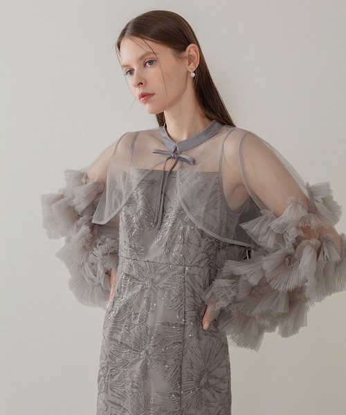 Leja(レジャ)の「【LEJA】フリルチュールスリーブリボンIラインワンピースドレス2点セット 美脚効果結婚式 パーティードレス 成人式 二次会 同窓会 お呼ばれ オケージョン 20代 30代(ドレス・レディース・ブラック/グレー/ブルー・MEDIUM/SMALL)」の12枚目の写真
