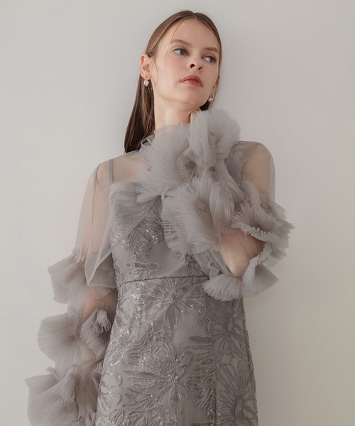Leja(レジャ)の「【LEJA】フリルチュールスリーブリボンIラインワンピースドレス2点セット 美脚効果結婚式 パーティードレス 成人式 二次会 同窓会 お呼ばれ オケージョン 20代 30代(ドレス・レディース・ブラック/グレー/ブルー・MEDIUM/SMALL)」の6枚目の写真