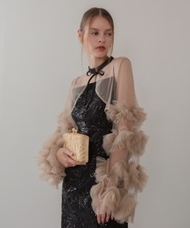 Leja（レジャ）の「【LEJA】フリルチュールスリーブリボンIラインワンピースドレス2点セット 美脚効果結婚式 パーティードレス 成人式 二次会 同窓会 お呼ばれ オケージョン 20代 30代（ドレス）」