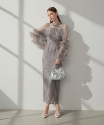 Leja（レジャ）の「【LEJA】フリルチュールスリーブリボンIラインワンピースドレス2点セット 美脚効果結婚式 パーティードレス 成人式 二次会 同窓会 お呼ばれ オケージョン 20代 30代（ドレス）」