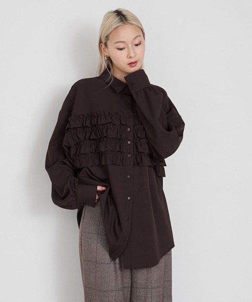 forksy.】ビスチェ風デザインフリルオーバーサイズネルシャツ