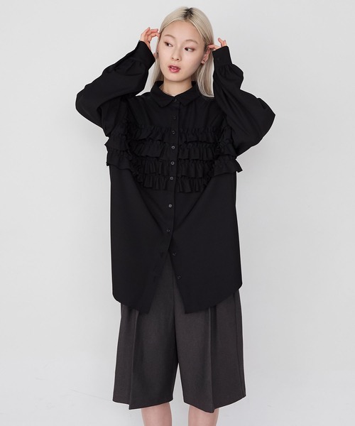 forksy.】ビスチェ風デザインフリルオーバーサイズネルシャツ forksy