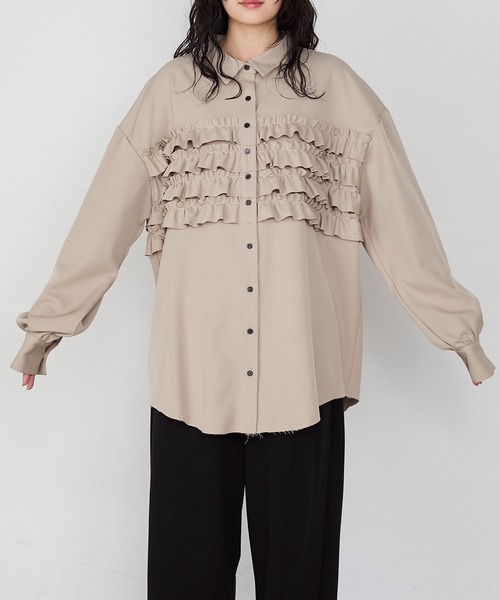 forksy.】ビスチェ風デザインフリルオーバーサイズネルシャツ forksy