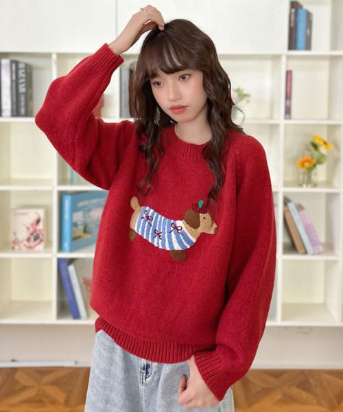 セール】【Good Riddance】ラグランスリーブ クルーネック 犬モチーフ