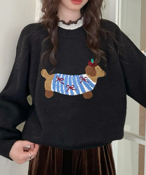 セール】【Good Riddance】ラグランスリーブ クルーネック 犬モチーフ