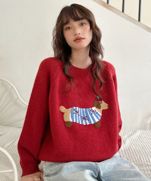 セール】【Good Riddance】ラグランスリーブ クルーネック 犬モチーフ