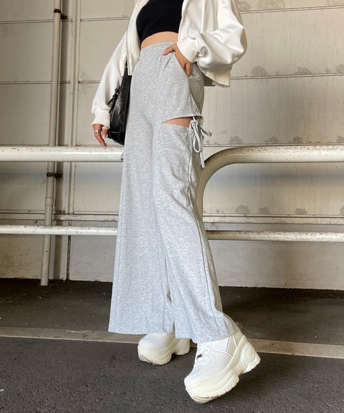 non-hedge(ノンヘッジ)の「サイドスリットリボンワイドパンツ(スウェットパンツ・レディース・ブラック/グレー/チャコールグレー・FREE)」の12枚目の写真