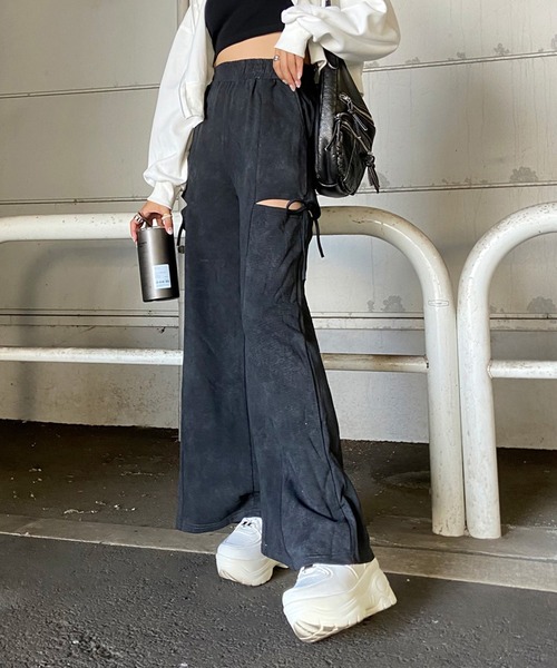 non-hedge(ノンヘッジ)の「サイドスリットリボンワイドパンツ(スウェットパンツ・レディース・ブラック/グレー/チャコールグレー・FREE)」の6枚目の写真
