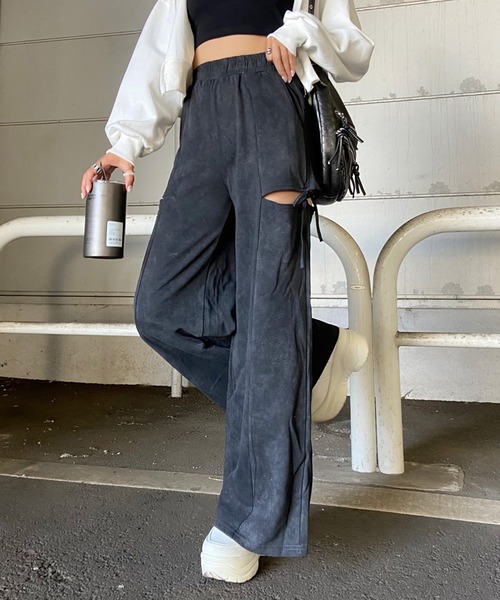 non-hedge(ノンヘッジ)の「サイドスリットリボンワイドパンツ(スウェットパンツ・レディース・ブラック/グレー/チャコールグレー・FREE)」の5枚目の写真