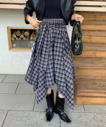 【WEB限定】アシンメトリーフリルチェック柄ロングスカート［韓国ファッション ガーリー］