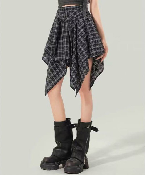 STAY MOTION（ステイモーション）の「【WEB限定】アシンメトリーフリルチェック柄ロングスカート［韓国ファッション ガーリー］（スカート・レディース・ネイビー/ブラック・F）」の2枚目の写真