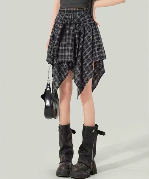 STAY MOTION（ステイモーション）の「【WEB限定】アシンメトリーフリルチェック柄ロングスカート［韓国ファッション ガーリー］（スカート・レディース・ネイビー/ブラック・F）」の9枚目の写真