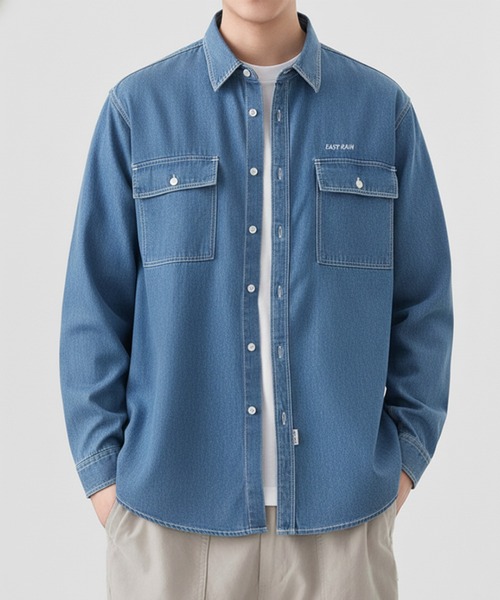 SETUP7（セットアップセブン）の「【SETUP7】ライトオンスデニムシャツ　チェストポケット　KNF（シャツ/ブラウス・メンズ・ブルー/ブラック・M/L）」の2枚目の写真