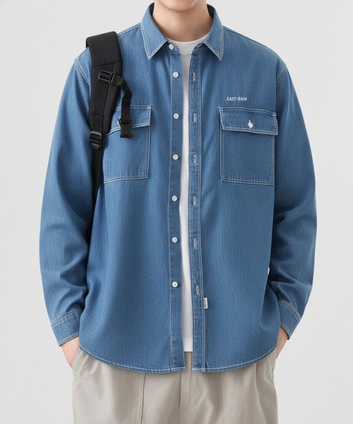 SETUP7（セットアップセブン）の「【SETUP7】ライトオンスデニムシャツ　チェストポケット　KNF（シャツ/ブラウス・メンズ・ブルー/ブラック・M/L）」の7枚目の写真