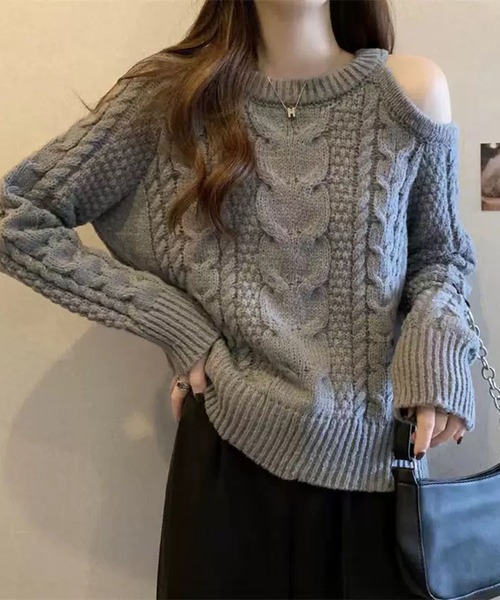 WESTSEA(ウエストシー)の「肩あき ケーブルニット(ニット/セーター・レディース・グレー/オフホワイト/ブラック・FREE)」の3枚目の写真