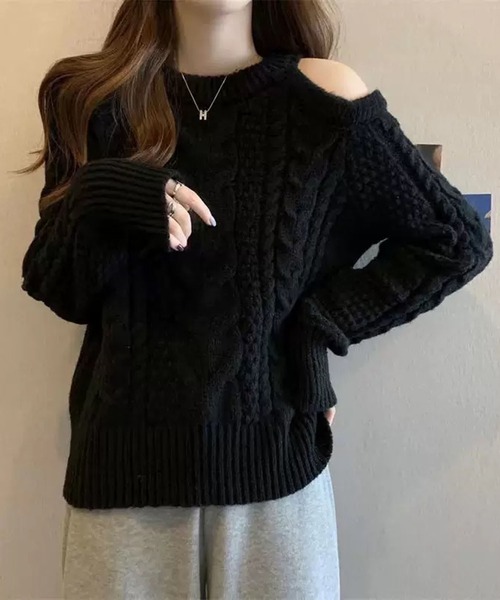 WESTSEA(ウエストシー)の「肩あき ケーブルニット(ニット/セーター・レディース・グレー/オフホワイト/ブラック・FREE)」の2枚目の写真