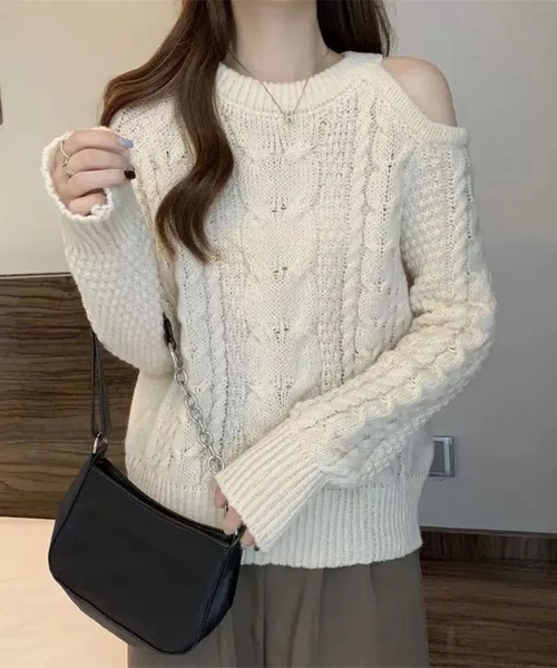 WESTSEA(ウエストシー)の「肩あき ケーブルニット(ニット/セーター・レディース・グレー/オフホワイト/ブラック・FREE)」の7枚目の写真