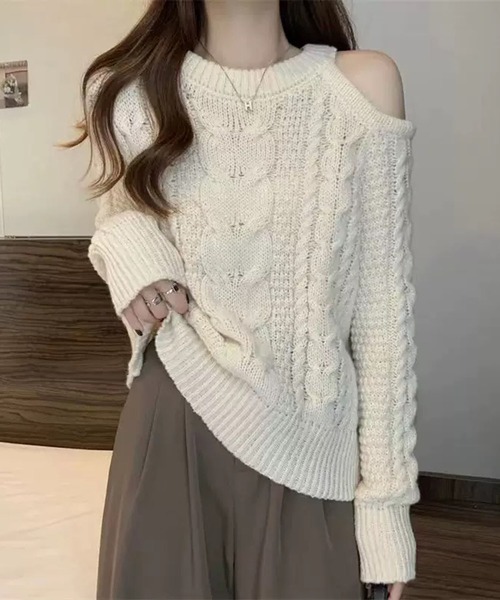 WESTSEA(ウエストシー)の「肩あき ケーブルニット(ニット/セーター・レディース・グレー/オフホワイト/ブラック・FREE)」の8枚目の写真